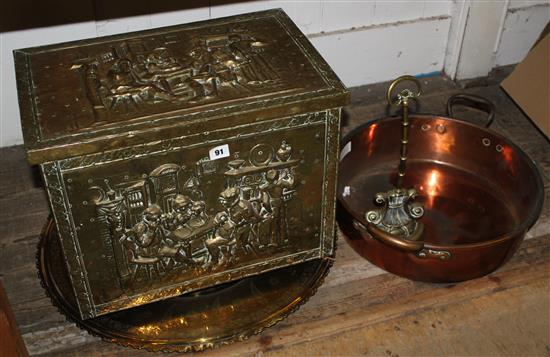 Brass log box, copper pan, brass door stop & tray